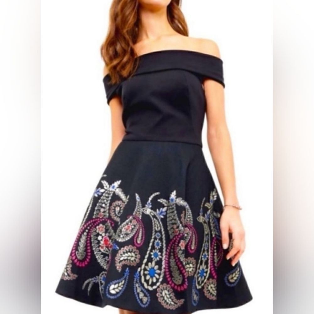 TED BAKER ADZE BARDOT METALLIC SKATER DRESSS size 1 USA XS